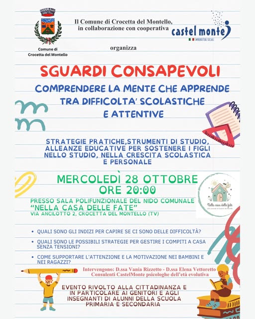 Locandina di Sguardi Consapevoli: Comprendere la mente che apprende tra difficoltà scolastiche e attentive