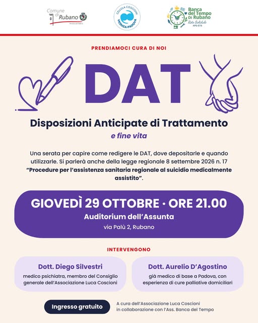 Locandina di PRENDIAMOCI CURA DI NOI - DAT - Disposizioni Anticipate di Trattamento e fine vita